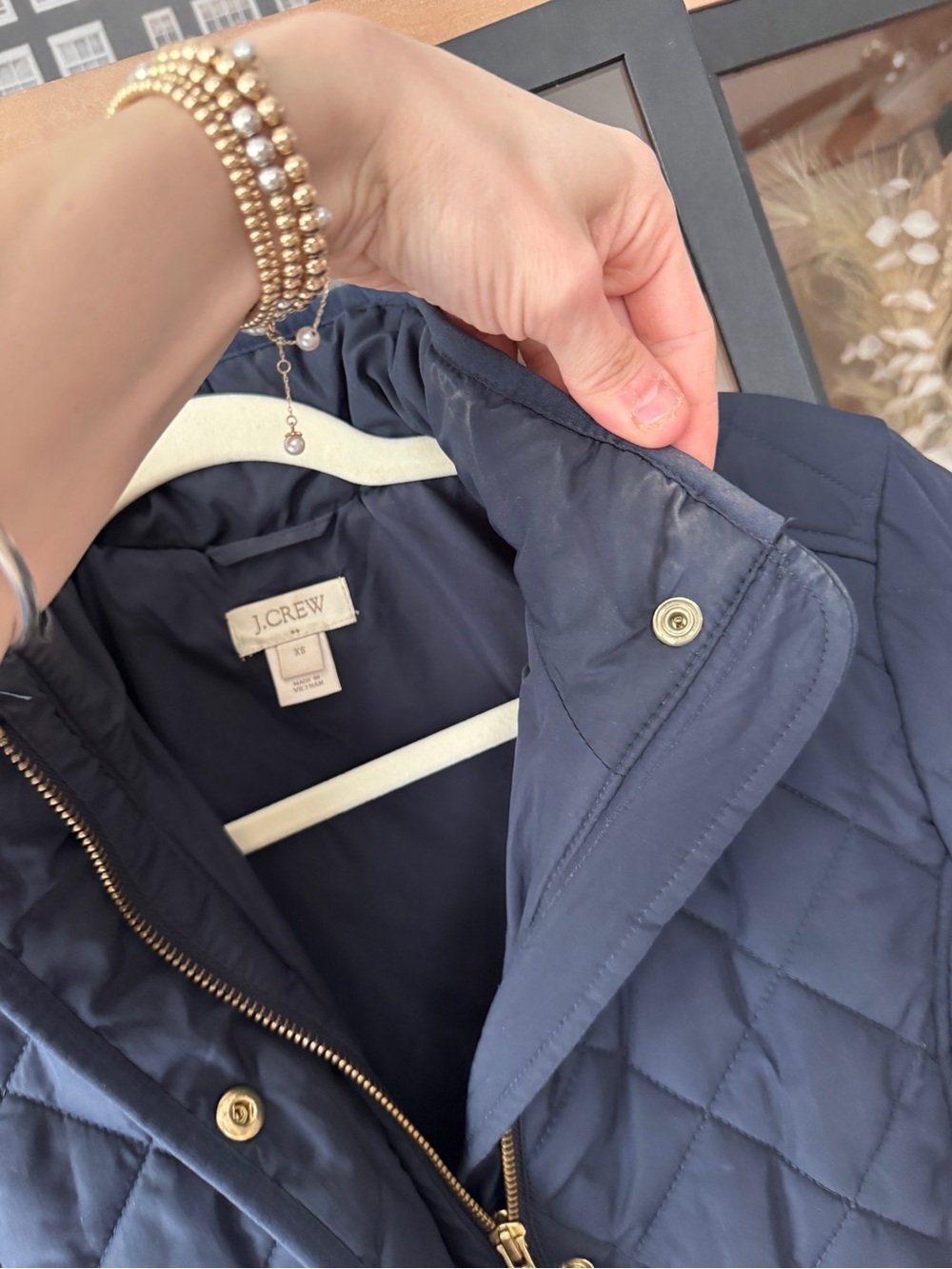 J. Crew navy quilted jacket zipper snaps pockets gold buttons - Picture 7 of 7